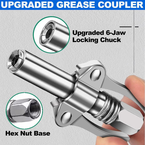 Heavy Duty Double Handle Grease Gun Coupler With Six Claw Quick Lock No Spill Leak Proof Fittings close-up of locking mechanism