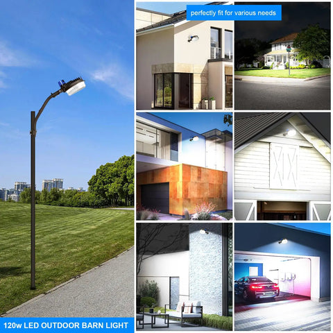 Adjustable Mounting Arm For LED Barn Lights With Heavy Duty Black Aluminum Extension Pole shown in various outdoor settings.