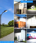 Collage of outdoor scenes with 120W Dusk To Dawn LED Barn Light With Adjustable Angles And Heavy Duty Mounting Arms illuminating various areas.