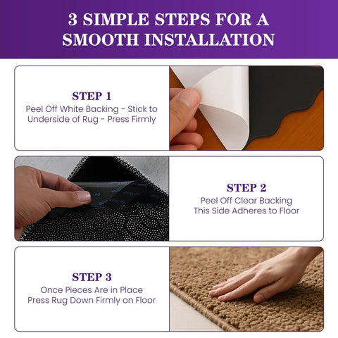 3-step installation guide for 16Pcs Non Slip Rug Grippers With Triangular Design For Hardwood Floors And Carpet Tape For Area Rugs