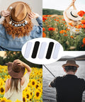 Hat Size Reducer Tape 20 Pack Self Adhesive Foam Strips for Hats in black and white with outdoor hat scenes.