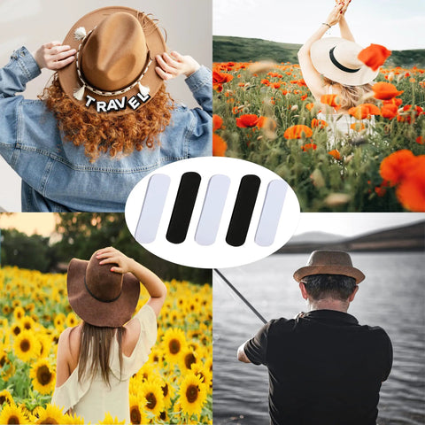 Hat Size Reducer Tape 20 Pack Self Adhesive Foam Strips for Hats in black and white with outdoor hat scenes.