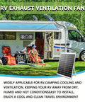 Solar Exhaust Fan Kit With 25W Solar Panel And Three Vent Fans displayed next to an RV in a campsite setting with chairs and canopy.