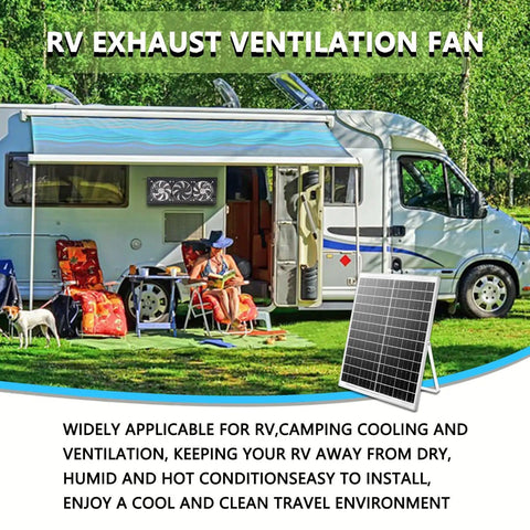 Solar Exhaust Fan Kit With 25W Solar Panel And Three Vent Fans displayed next to an RV in a campsite setting with chairs and canopy.