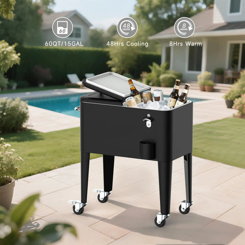 60 Quart Rolling Ice Chest With Wheels, Portable Outdoor Beverage Cooler, Bottle Opener And Cap Collector near pool