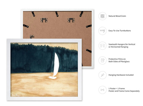 Sailboat And Landscape Illustration Print Set In White Frame - Abstract Seascape Poster With Ocean And Land Watercolor, Minimalist 8x10 Wall Art For Home Decor, Ready To Hang, showing back with hanging hardware.