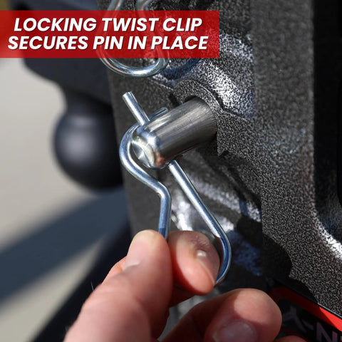 Heavy Duty 5/8 Inch Hitch Pin With Self Locking Twist Clip, 4 Inch Usable Length, Stainless Steel, being secured in place