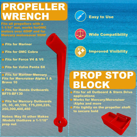 Must-Have Polymer Propeller Wrench Kit 1-1/16 Inch With Prop Stop Block, Lightweight Rustproof Red Plastic Boat Prop Tool