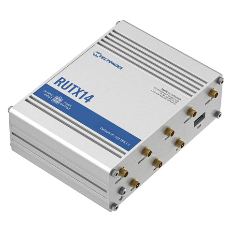 Instant LTE Failover Router And Firewall With CAT12 4G LTE Dual Band WiFi 802.11ac GNSS GPS Bluetooth No Nonsense Security Biz Grade VPNs And Uninterrupted Connectivity For Remote Sites Fleets And Mobile Installations product in metallic casing with multiple ports on one side, viewed from a top angle.