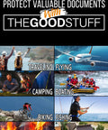 Image collage with travelers, airplane, camping, boating, biking, fishing, house fire, and flood, illustrating protection use scenarios.