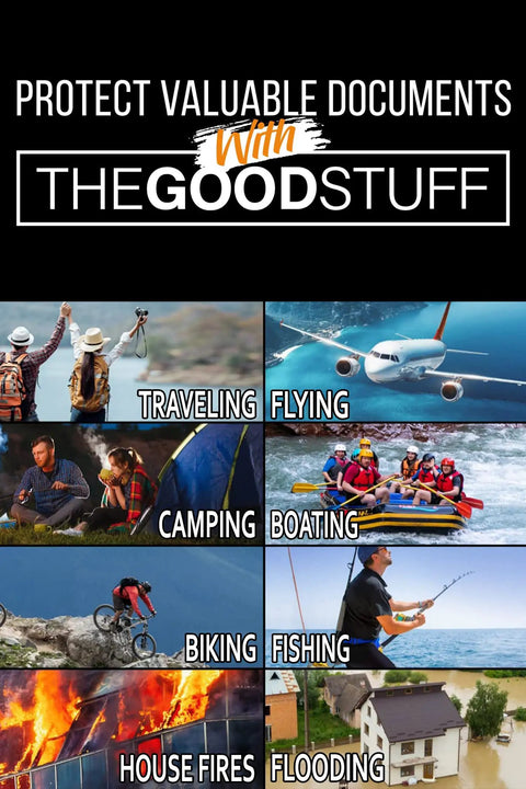 Image collage with travelers, airplane, camping, boating, biking, fishing, house fire, and flood, illustrating protection use scenarios.