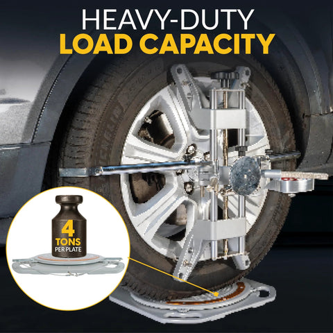 AUTOSOLO low-profile wheel alignment turn plates installed on wheel; 4-ton per-plate capacity, brass dial measurements