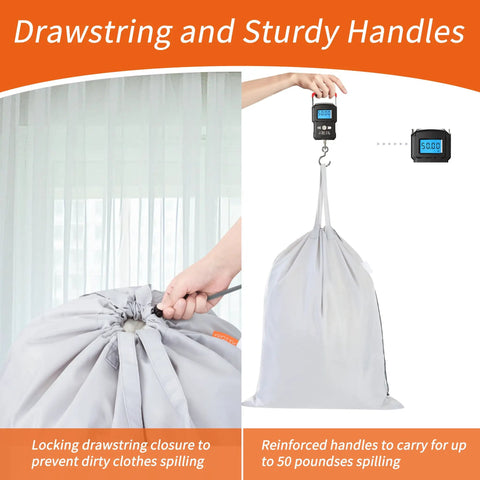 Extra Heavy Duty Laundry Bag With Handles 28 By 36 Inches Silver, showing drawstring closure and handles lifting 50 pounds