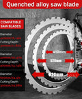 Quenched alloy saw blades shown with sizes of 410mm, 520mm, and 620mm for Professional Grade Handheld Concrete Circular Saw.