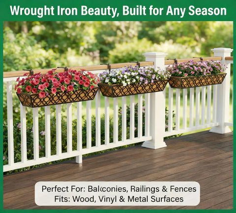 Adjustable Railing Planter Boxes Set, 4 Pack Of 30 Inch And 2 Pack Of 24 Inch, Hanging Balcony Planter on deck railing with flowers