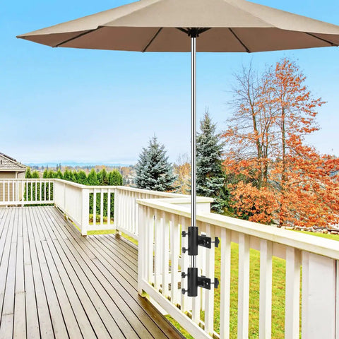 Rugged Deck Railing Umbrella Stand Clamp holding parasol on outdoor balcony, fits poles 1.25-1.9 inches, black adjustable post holder