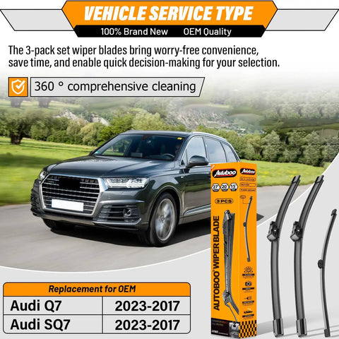 All Weather Front And Rear Wiper Blade Kit For Audi Q7 SQ7 2017 2018 2019 2020 2021 2022 2023 Easy Install No Fuss Replacement 27 Inch 20 Inch And 15 Inch Set Of 3