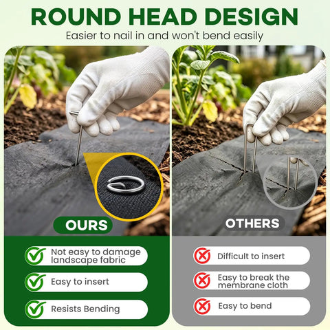 Comparison showing heavy duty 6 inch galvanized landscape staples 8 gauge 200 pack for landscape fabric with round head design.