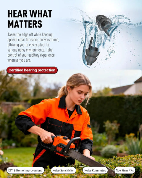 Woman using a chainsaw in a garden with floating ear plugs above; text emphasizes hearing protection.