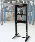 20 Ton Hydraulic Shop Press H Frame Garage Floor Mount With Adjustable Stamping Plate in a professional auto repair shop setting.