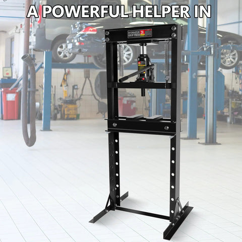 20 Ton Hydraulic Shop Press H Frame Garage Floor Mount With Adjustable Stamping Plate in a professional auto repair shop setting.