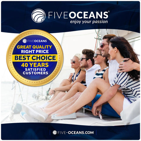 Group of people on a sailboat with a Five Oceans badge featuring 'Great Quality, Best Choice, 40 Years Satisfied Customers'