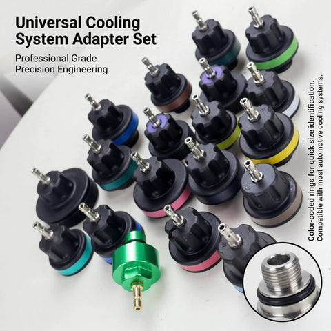 Top Shelf Coolant Pressure Tester Kit With 27 Heavy Duty Adapters, color-coded adapter set for radiator system leak detection.