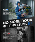 Man carrying tools and supplies into 6x4Ft Outdoor Storage Shed Waterproof Metal Garden Shed With Lockable Sliding Door in rain