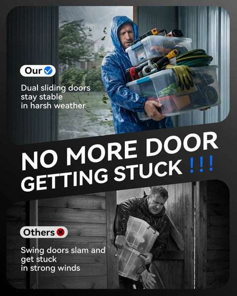 Man carrying tools and supplies into 6x4Ft Outdoor Storage Shed Waterproof Metal Garden Shed With Lockable Sliding Door in rain