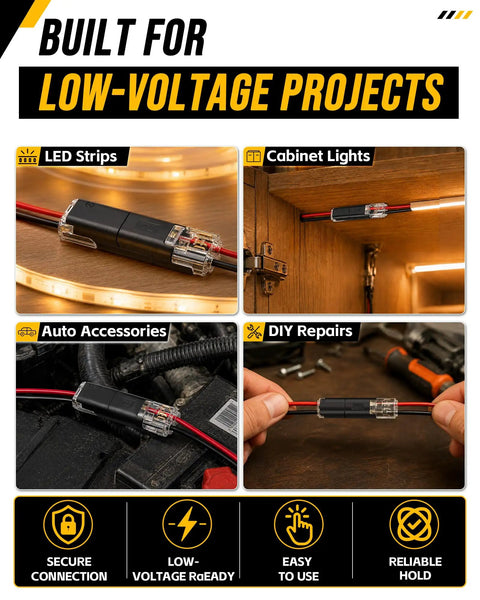 200 Pieces Quick Connect Wire Terminals for Wiring Job Double Push in Plugs used in LED strips and cabinet lights projects.
