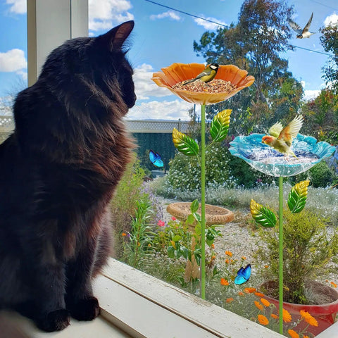 Colorful Metal Bird Bath for Outdoors, Flower Garden Hummingbird Bath on Five Stakes, Small Birdbath for Garden Decor visible through window