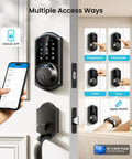 Badass 7 In 1 Fingerprint Smart Deadbolt Lock With App Control And Key Fobs In Sleek Matte Black showing mobile app access and features.