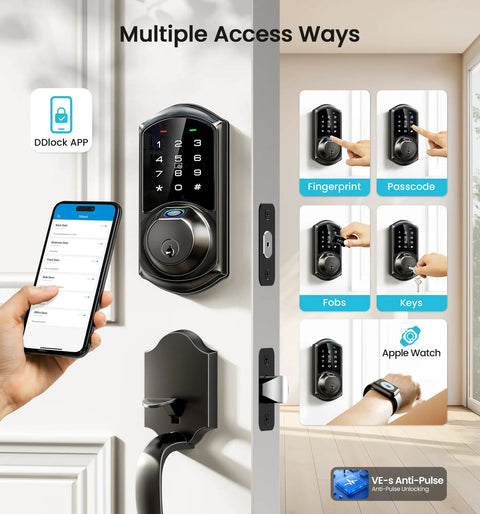 Badass 7 In 1 Fingerprint Smart Deadbolt Lock With App Control And Key Fobs In Sleek Matte Black showing mobile app access and features.
