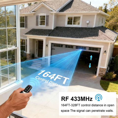 Slick Forward And Reverse Remote Switch With Dual Wireless Controllers For Heavy Duty Linear Actuators, Garage Doors, Curtains, And Bed Lifting Systems Operating On DC 5V To 30V With A Punchy 30A Load Rating shown controlling garage door at 164 feet.