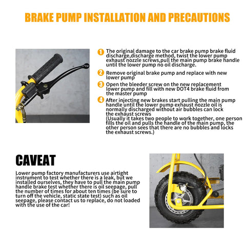 Installation instructions and caveats for upgraded hydraulic brake system for mini bikes left side mount with seven eighths inch handlebars and fifty inch hose compatible with Baja Doodlebug DB30 minibikes and go karts displayed