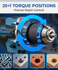 21V Brushless Cordless Drill Driver Kit With Dual Batteries And Quick Charge Station, Heavy Hitter 64.9 Nm Torque, 25 Plus 1 Clutch, 2 Speed Gears Ideal For Weekend Warrior Diy Furniture Builds, showing 25+1 torque positions.