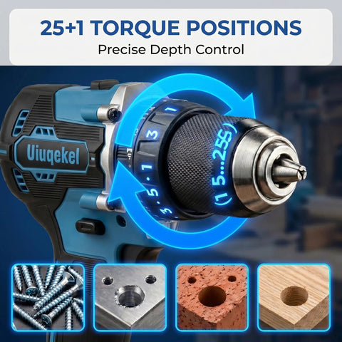 21V Brushless Cordless Drill Driver Kit With Dual Batteries And Quick Charge Station, Heavy Hitter 64.9 Nm Torque, 25 Plus 1 Clutch, 2 Speed Gears Ideal For Weekend Warrior Diy Furniture Builds, showing 25+1 torque positions.