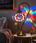 Turkish Mosaic Table Lamp With Built In LED Bulb Hand Cut Glass Mosaics Moroccan Gooseneck Design Tall 45 Cm Lit Accent Light For Living Room Handmade In Turkey on a table emitting colorful light patterns