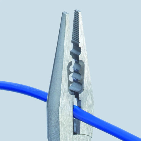 Six And A Quarter Inch Electricians Four In One Pliers gripping blue wire, showing cutting and stripping capability.
