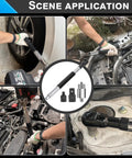 Knuckle Buster Saver Heavy Duty 1/2 Inch Offset Extension Socket Adapter in use on a car engine and tire for mechanics.