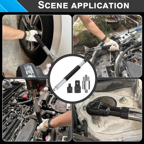 Knuckle Buster Saver Heavy Duty 1/2 Inch Offset Extension Socket Adapter in use on a car engine and tire for mechanics.