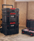 Stacked TradeStack System Tool Box With Water Resistant Construction 21 Inch and open box with small parts containers