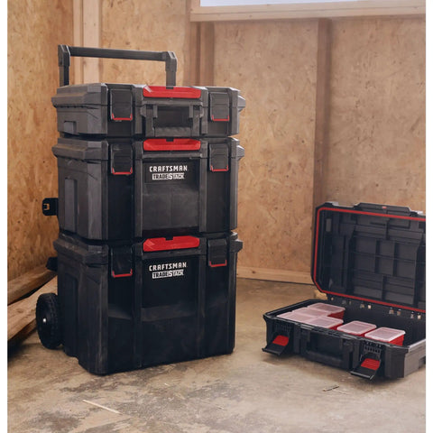 Stacked TradeStack System Tool Box With Water Resistant Construction 21 Inch and open box with small parts containers