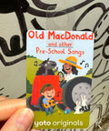 Yoto card titled 'Old MacDonald and other Pre-School Songs' displayed with adhesive tab from Card Organizer For Yoto Cards With 200 Self Adhesive Tabs And 10 Colorful Stainless Steel Loops Easy Hang Tabs For Quick Card Sorting Travel Ready Storage Case Keeps Yoto Cards Neat Secure And Ready To Go.