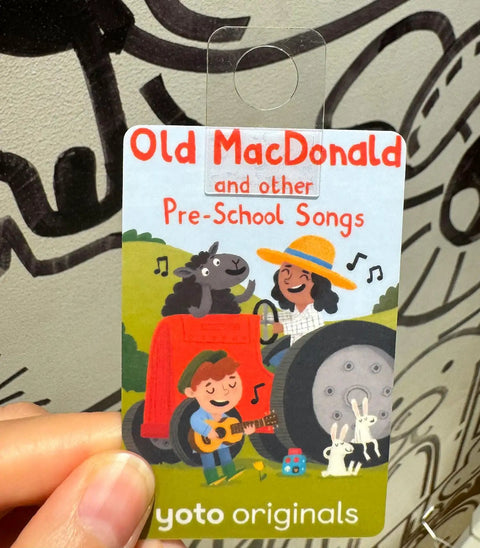 Yoto card titled 'Old MacDonald and other Pre-School Songs' displayed with adhesive tab from Card Organizer For Yoto Cards With 200 Self Adhesive Tabs And 10 Colorful Stainless Steel Loops Easy Hang Tabs For Quick Card Sorting Travel Ready Storage Case Keeps Yoto Cards Neat Secure And Ready To Go.