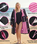 Woman wearing Mens Waterproof Swim Parka With Hooded Poncho For Beach Or Pool, Oversized Changing Coat, Size L on beach