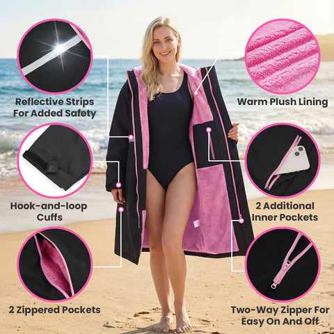 Woman wearing Mens Waterproof Swim Parka With Hooded Poncho For Beach Or Pool, Oversized Changing Coat, Size L on beach
