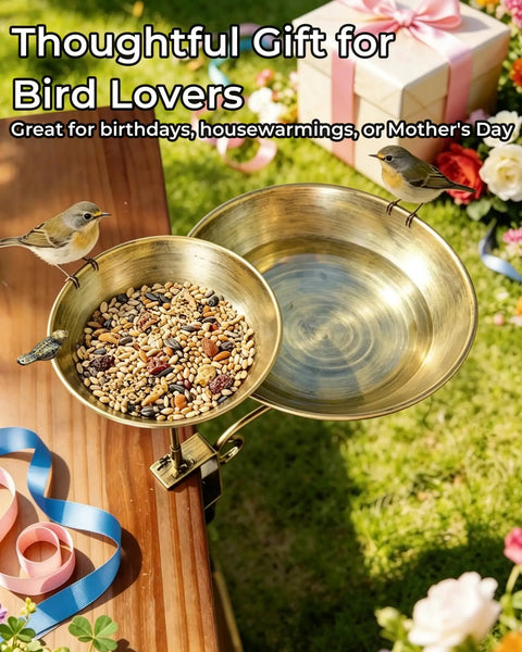 Dual Tier Deck Mounted Bird Bath With Grip Guard Railing Clamp And Seed Feeder For Balconies Apartments And Patios Hustle Free Setup with birds and seed tray.