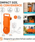 Portable Bucket Washing Machine With Dual Direction Spin Scrub For 5 Gallon Buckets Hops In Your Camping Rig Or Dorm Laundry Hero dimensions and features.