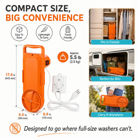 Portable Bucket Washing Machine With Dual Direction Spin Scrub For 5 Gallon Buckets Hops In Your Camping Rig Or Dorm Laundry Hero dimensions and features.
